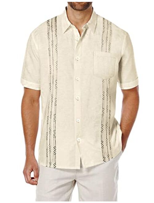 COOFANDY Men's Short Sleeve Linen Shirt Cuban Beach Tops Pocket Guayabera Shirts