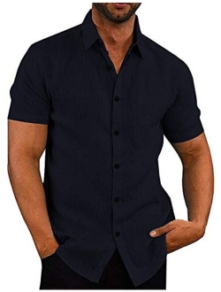 Men's Casual Linen Button Down Shirt Business Chambray Dress Shirt