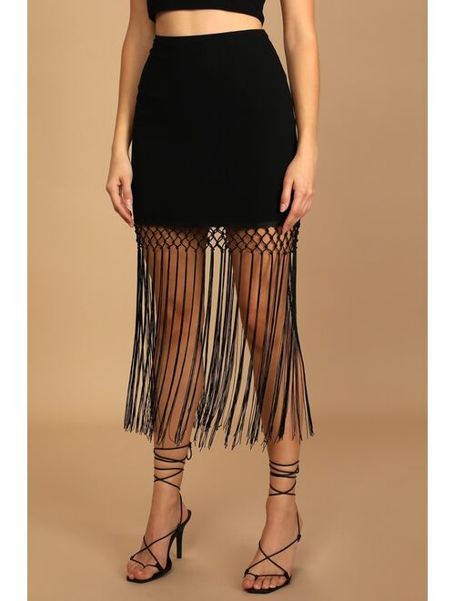 Lulus Out on the Terrace Black Fringe Mini Skirt