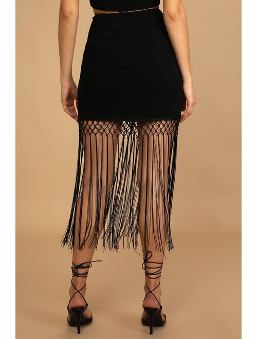 Lulus Out on the Terrace Black Fringe Mini Skirt