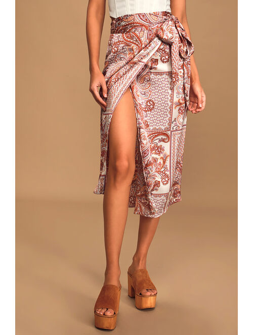 Lulus Take A Walk With Me Ivory Paisley Print Satin Wrap Midi Skirt