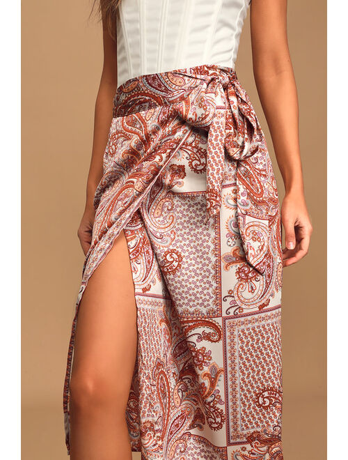 Lulus Take A Walk With Me Ivory Paisley Print Satin Wrap Midi Skirt