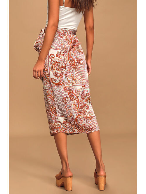 Lulus Take A Walk With Me Ivory Paisley Print Satin Wrap Midi Skirt