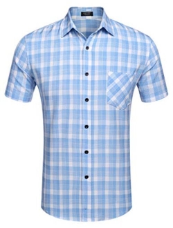 Men's Plaid Short Sleeve Shirts Casual Button-Down Cotton Classic Dress Checked Shirts with Pocket