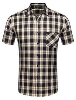 Men's Plaid Short Sleeve Shirts Casual Button-Down Cotton Classic Dress Checked Shirts with Pocket