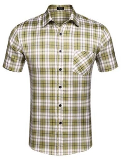 Men's Plaid Short Sleeve Shirts Casual Button-Down Cotton Classic Dress Checked Shirts with Pocket