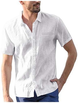 Men's Regular Fit Short Sleeve Cotton Linen Shirt Casual Button Down Beach Shirt