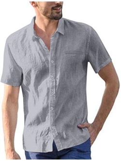 Men's Regular Fit Short Sleeve Cotton Linen Shirt Casual Button Down Beach Shirt