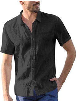 Men's Regular Fit Short Sleeve Cotton Linen Shirt Casual Button Down Beach Shirt