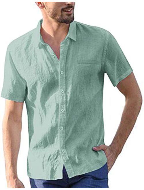 COOFANDY Men's Regular Fit Short Sleeve Cotton Linen Shirt Casual Button Down Beach Shirt