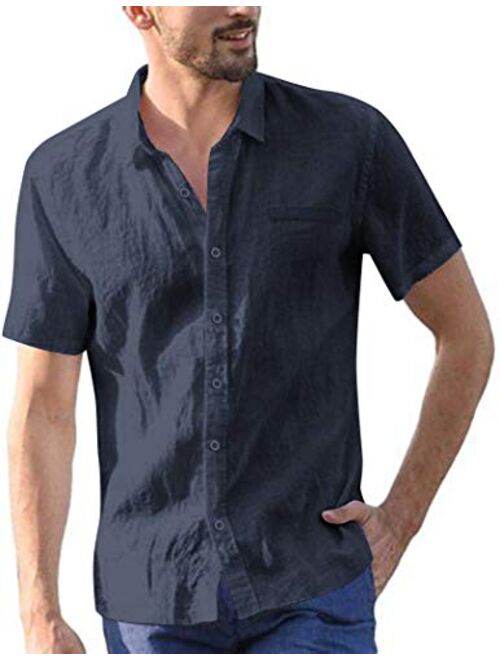 COOFANDY Men's Regular Fit Short Sleeve Cotton Linen Shirt Casual Button Down Beach Shirt