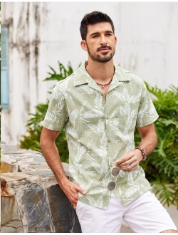 Men's Hawaiian Floral Shirts Cotton Linen Button Down Tropical Holiday Beach Shirts