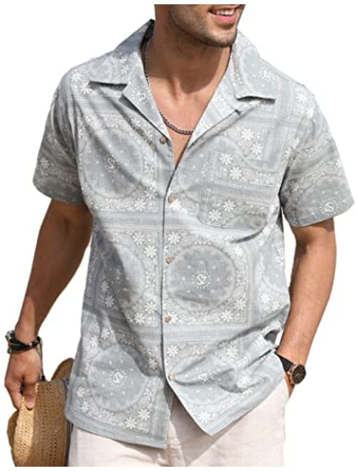 COOFANDY Men's Hawaiian Floral Shirts Cotton Linen Button Down Tropical Holiday Beach Shirts