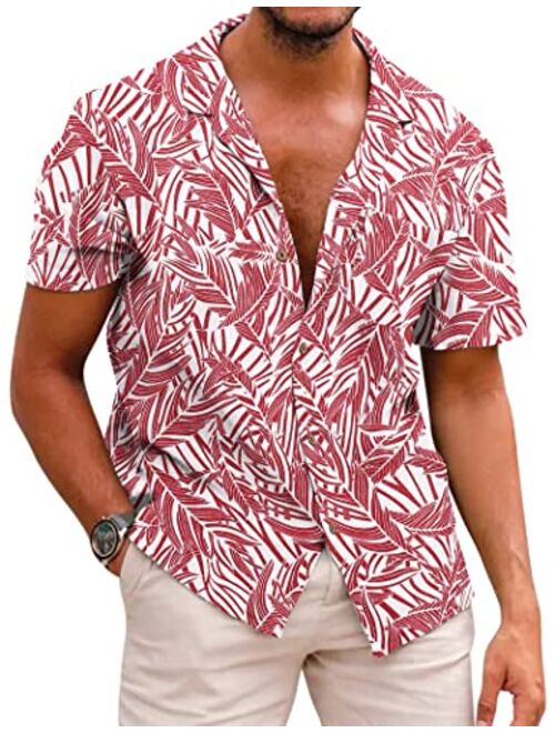 COOFANDY Men's Hawaiian Floral Shirts Cotton Linen Button Down Tropical Holiday Beach Shirts