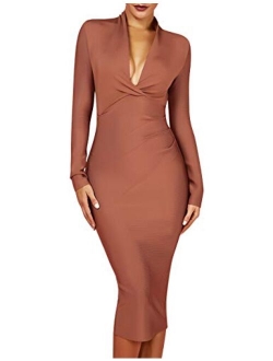 Women's Deep Plunge V Neck Long Sleeves Draped Knee Length Bodycon Bandage Dress