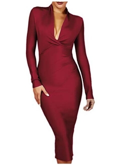 Women's Deep Plunge V Neck Long Sleeves Draped Knee Length Bodycon Bandage Dress