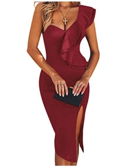 Women's One Shoulder Sleeveless Knee Length Side Split Fashion Bandage Dress