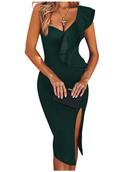 UONBOX Women's One Shoulder Sleeveless Knee Length Side Split Fashion Bandage Dress