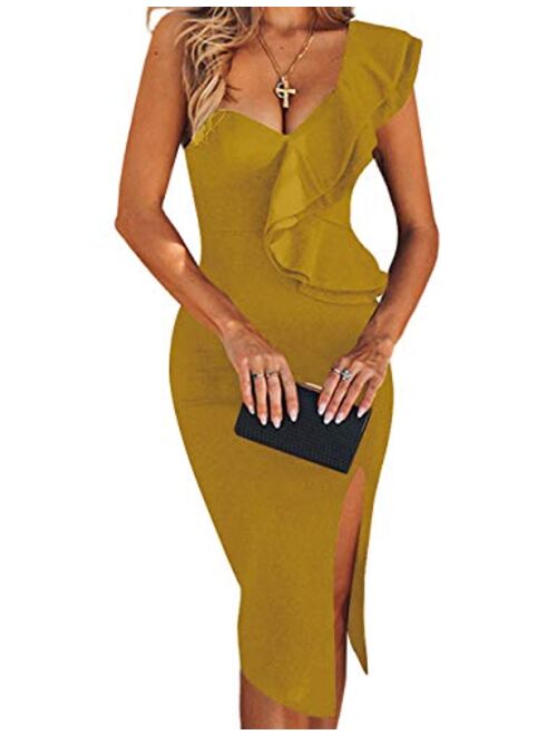 UONBOX Women's One Shoulder Sleeveless Knee Length Side Split Fashion Bandage Dress