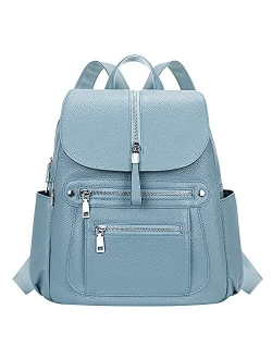 Leather Backpack Purse for Women Fashion Casual Handbag with Multi Pockets and Flap(S107 Indigo Blue)