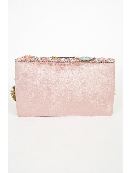 Lulus Perfectly Vibrant Mauve Pink Velvet Multi Beaded Clutch