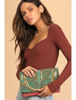 Bead the Best Green Velvet Beaded Large Clutch