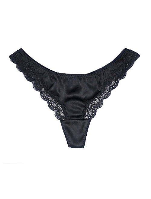 SilRiver Womens Silk G-String Thong Panties Satin T Back Lace Thong Underwear