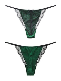 SilRiver Womens Silk Satin Thong Panties Lace G String Thong T Back Shiny Satin Underwear