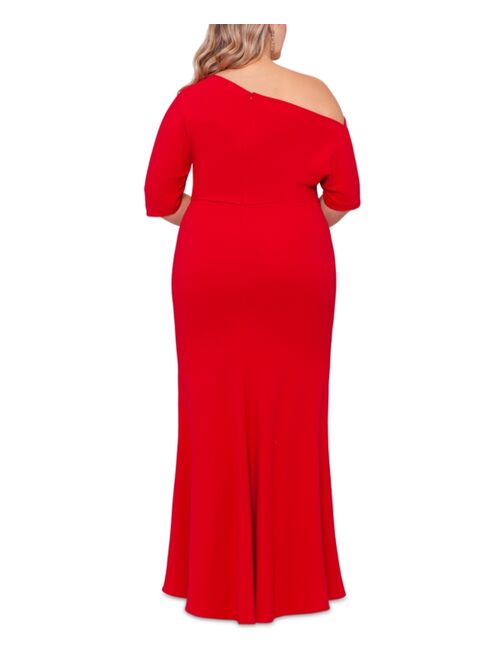 Betsy & Adam Plus Size Asymmetrical Neck Gown