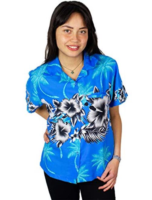 KING KAMEHA Hawaiian Blouse Shirt for Women Funky Casual Button Down Very Loud Shortsleeve Flower Chest Border Print