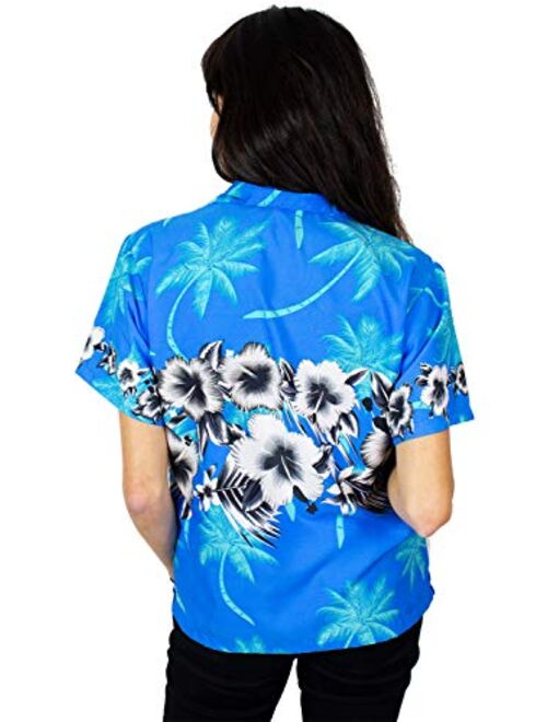 KING KAMEHA Hawaiian Blouse Shirt for Women Funky Casual Button Down Very Loud Shortsleeve Flower Chest Border Print