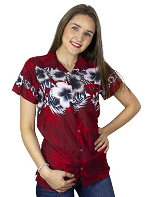 KING KAMEHA Hawaiian Blouse Shirt for Women Funky Casual Button Down Very Loud Shortsleeve Flower Chest Border Print