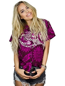 Hawaiian Blouse Shirt for Women Funky Casual Button Down Very Loud Shortsleeve Maori Chestprint