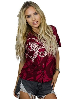 Hawaiian Blouse Shirt for Women Funky Casual Button Down Very Loud Shortsleeve Maori Chestprint