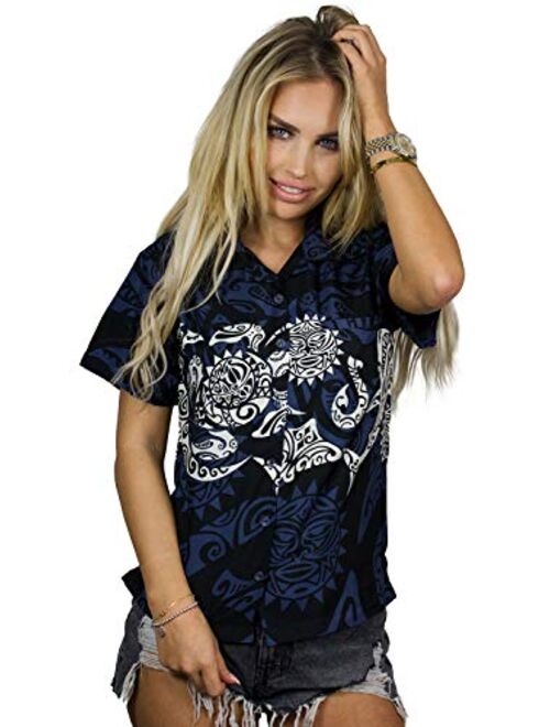 KING KAMEHA Hawaiian Blouse Shirt for Women Funky Casual Button Down Very Loud Shortsleeve Maori Chestprint