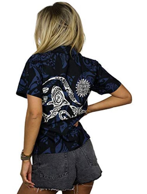 KING KAMEHA Hawaiian Blouse Shirt for Women Funky Casual Button Down Very Loud Shortsleeve Maori Chestprint