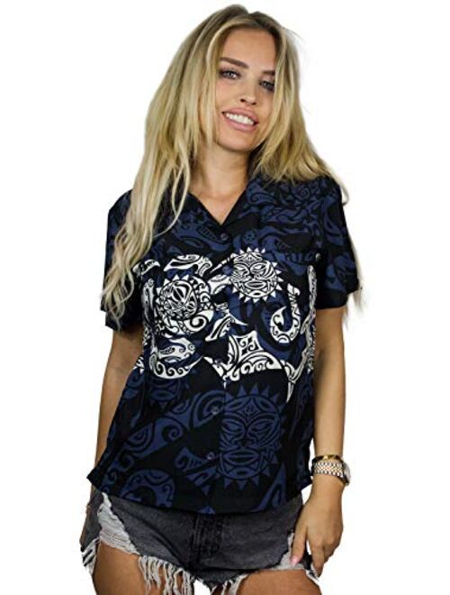 KING KAMEHA Hawaiian Blouse Shirt for Women Funky Casual Button Down Very Loud Shortsleeve Maori Chestprint