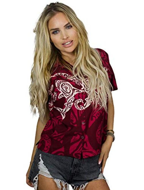 KING KAMEHA Hawaiian Blouse Shirt for Women Funky Casual Button Down Very Loud Shortsleeve Maori Chestprint