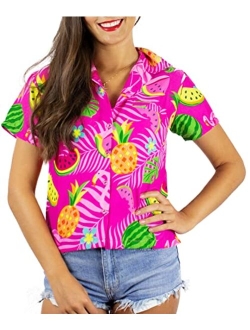 Funky Casual Hawaiian Blouse Shirt for Women Front Pocket Button Down Very Loud Shortsleeve Small Flower Print