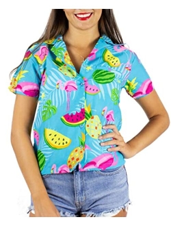 Funky Casual Hawaiian Blouse Shirt for Women Front Pocket Button Down Very Loud Shortsleeve Small Flower Print