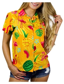 Funky Casual Hawaiian Blouse Shirt for Women Front Pocket Button Down Very Loud Shortsleeve Small Flower Print