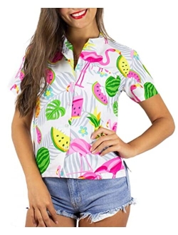 Funky Casual Hawaiian Blouse Shirt for Women Front Pocket Button Down Very Loud Shortsleeve Small Flower Print