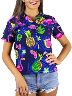 Funky Casual Hawaiian Blouse Shirt for Women Front Pocket Button Down Very Loud Shortsleeve Small Flower Print