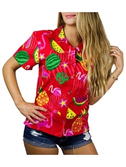 Funky Casual Hawaiian Blouse Shirt for Women Front Pocket Button Down Very Loud Shortsleeve Small Flower Print