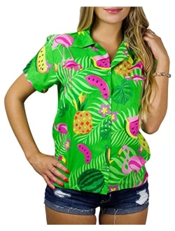 Funky Casual Hawaiian Blouse Shirt for Women Front Pocket Button Down Very Loud Shortsleeve Small Flower Print