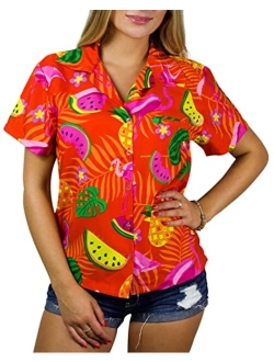 Funky Casual Hawaiian Blouse Shirt for Women Front Pocket Button Down Very Loud Shortsleeve Small Flower Print