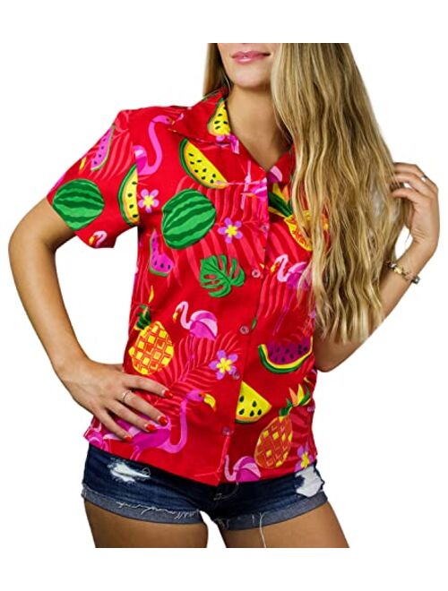 KING KAMEHA Funky Casual Hawaiian Blouse Shirt for Women Front Pocket Button Down Very Loud Shortsleeve Small Flower Print