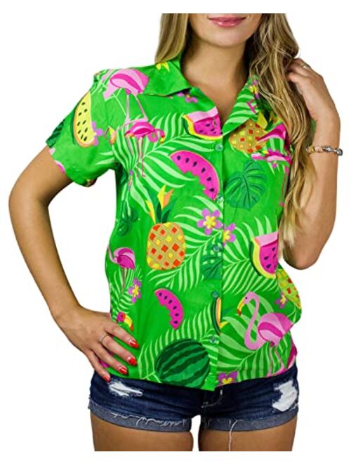 KING KAMEHA Funky Casual Hawaiian Blouse Shirt for Women Front Pocket Button Down Very Loud Shortsleeve Small Flower Print