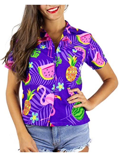 KING KAMEHA Funky Casual Hawaiian Blouse Shirt for Women Front Pocket Button Down Very Loud Shortsleeve Small Flower Print