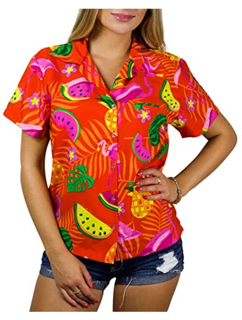 KING KAMEHA Funky Casual Hawaiian Blouse Shirt for Women Front Pocket Button Down Very Loud Shortsleeve Small Flower Print